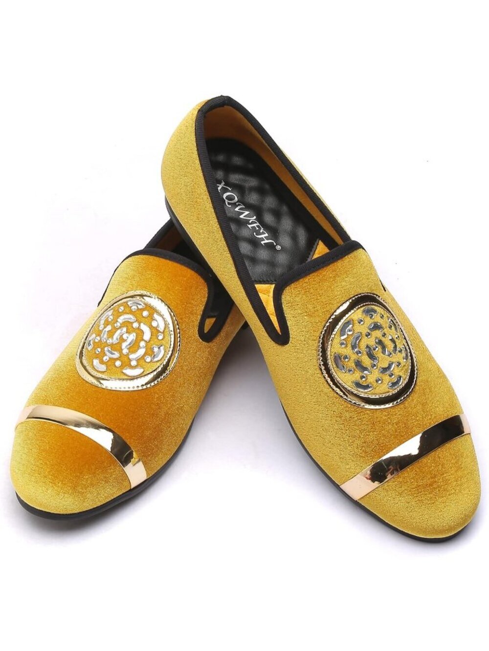 🆕 XQWFH Men's Yellow Leather Velvet Loafers Gold Plate Smoking Slip On Shoes